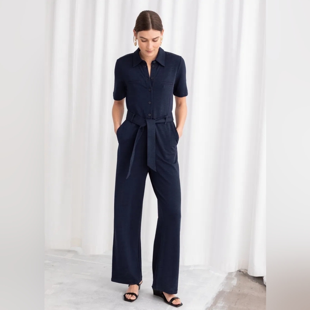 & Other Stories Paris Atelier Belted Pinstripe Navy Jumpsuit Size US 2